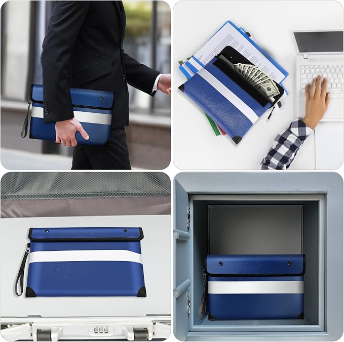 Vailoin 6200°F Fireproof Document Bag, 8 Layers of Heat Insulated Materials | Double-sided Reflective Strip, Waterproof Zipper,Certified to SGS UL94 V-1, for Tablet, Cash, A4-sized documents（Blue）