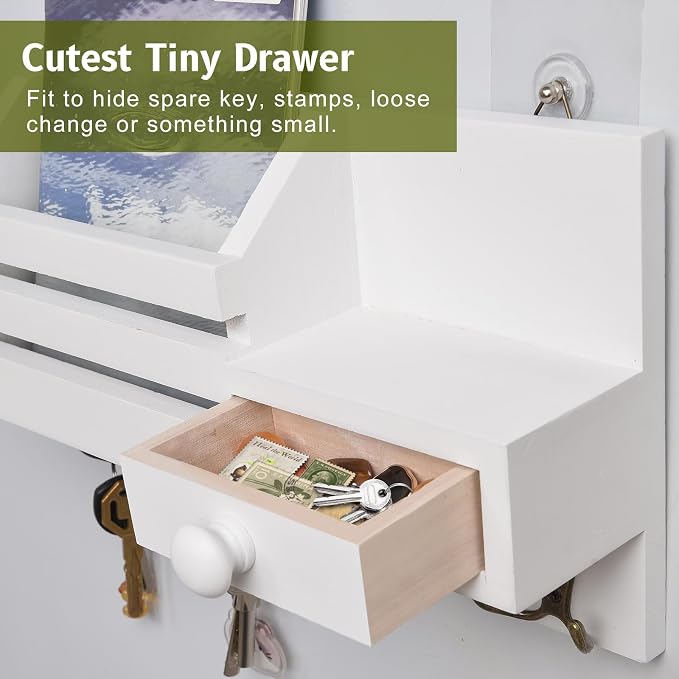 Key Holder Wall Mount, Wooden Adhesive Mail and Key Organizer with Drawer, Small Shelf, 8 Hooks, 2 Installation Methods, White
