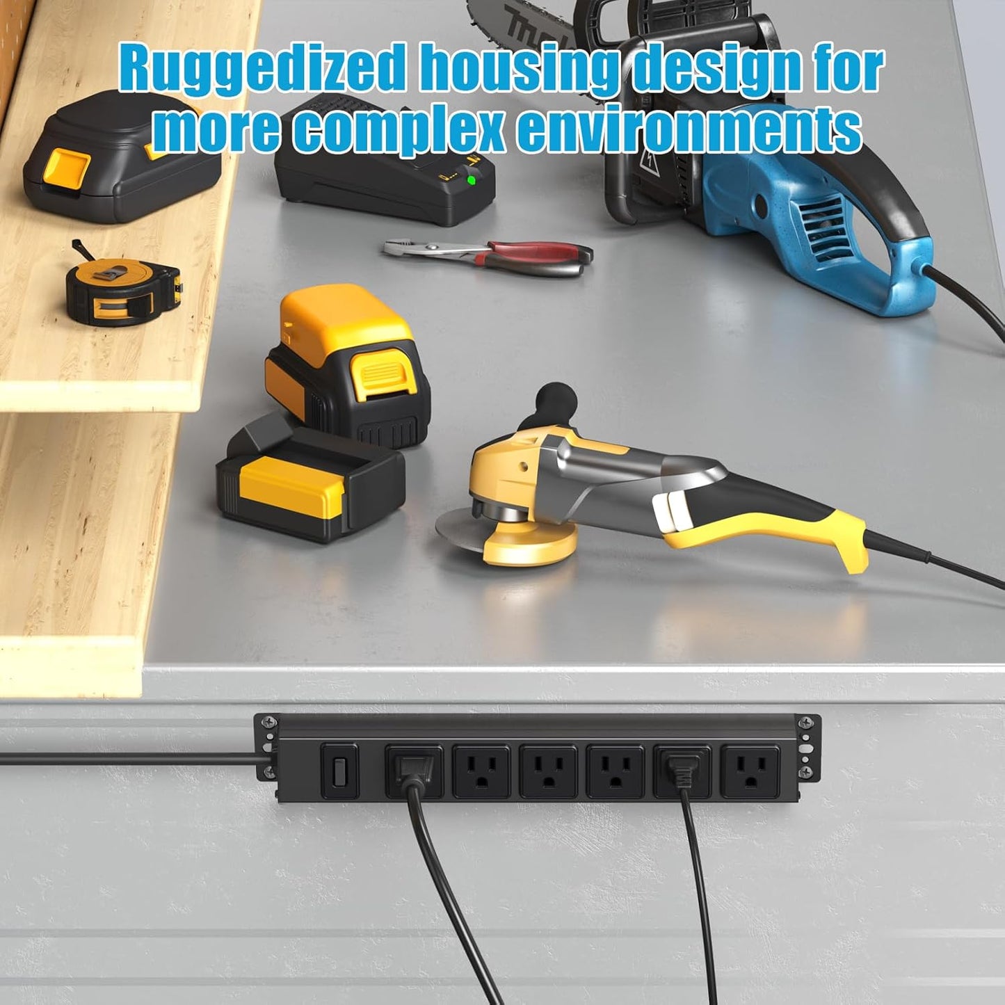 Magnetic Wall Mount Power Strip, Under Desk 6 Outlet Mountable Socket, Metal Long Heavy Duty Surge Protector for Garage, Gaming Table Or Workspace, 15FT Extension Cord.
