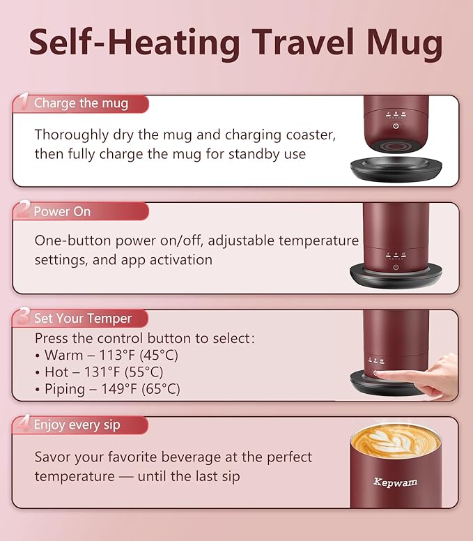 Kepwam Self-Heating Travel Mug 20oz, Temperature-Controlled Coffee Warmer Mug, Smart Travel Mugs Keep Coffee Drinks Hot, Heated Cup Great for Driver Outdoor Fits Car Cup Holders