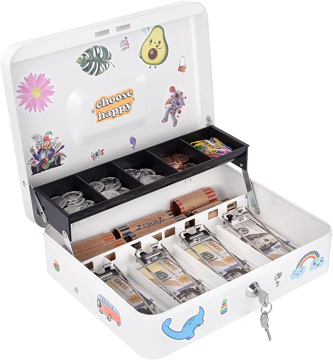 Cash Box with Money Tray and Lock, Money Box for Cash, Cash Register for Small Businesses, Metal Lock Box for Money 11.8" x 9.4" x 3.54" White