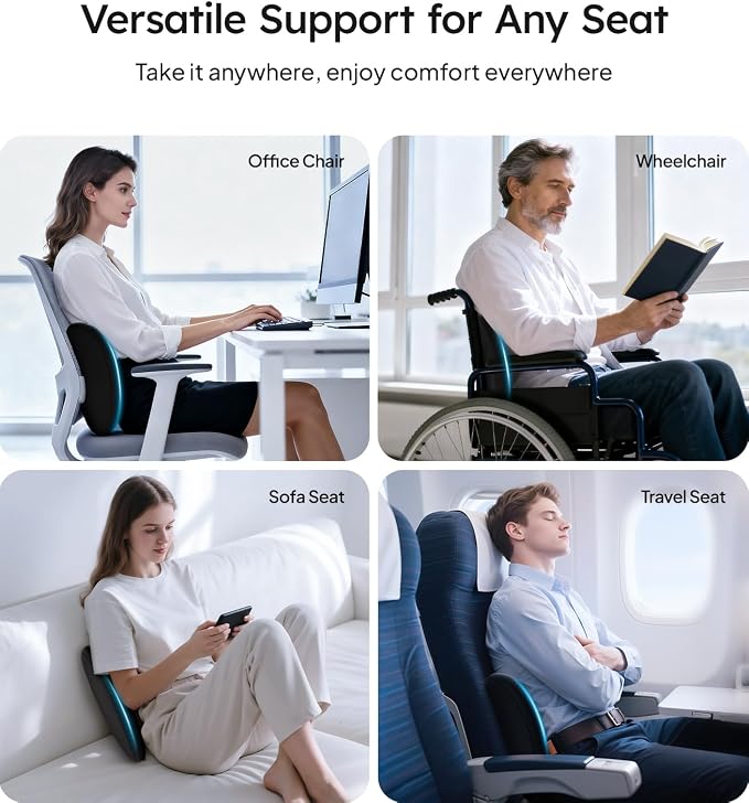 Wigoo Lumbar Support Pillow for Car-Office Chair, Black 2-Pack | Memory Foam| Ergonomic| Universal Fit