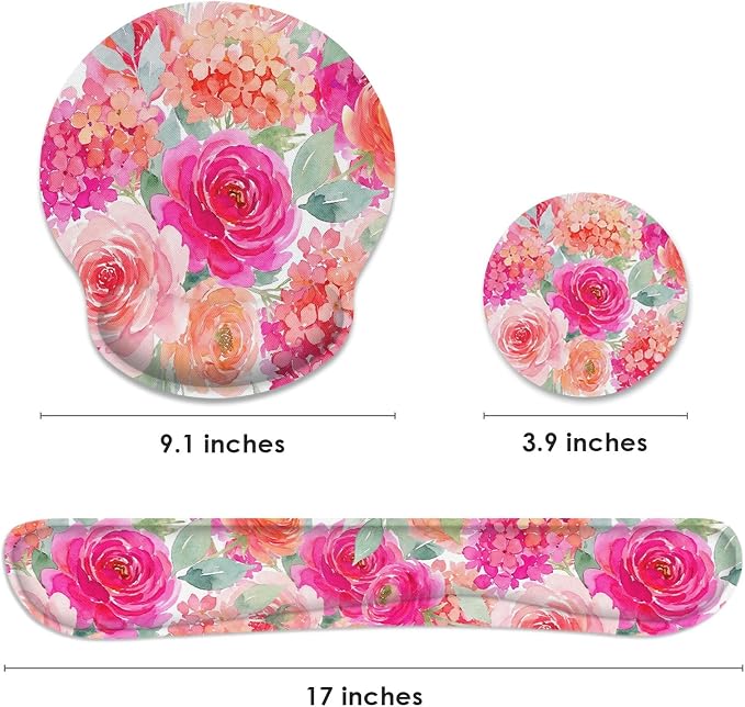 Ergonomic Mouse Pad Set with Wrist Rest, Pink Floral | Flower Peony Non-Slip Rubber Base Wrist Cushion Support and Coasters Mousepad with Wrist Support for Computer Keyboard