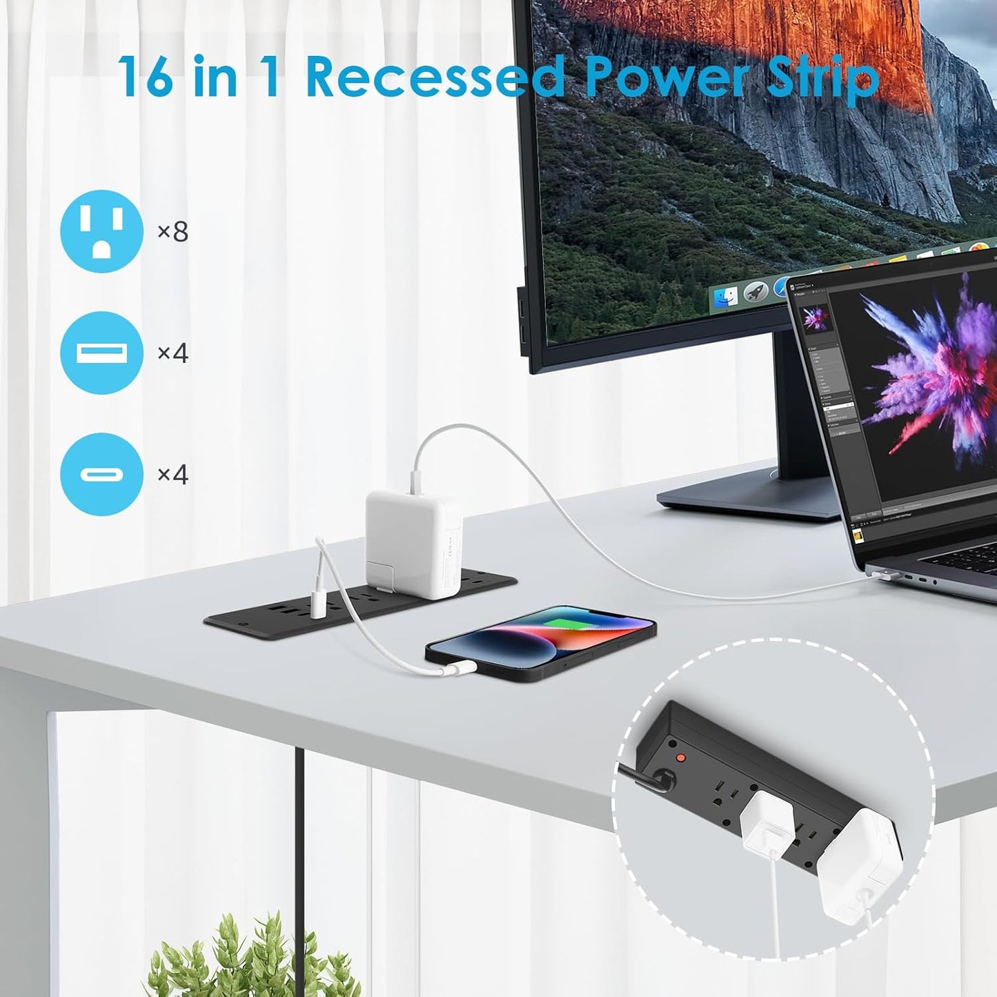 HHSOET 8 Outlet Recessed Power Strip, 30W Fast Charging Furniture Power Outlet USB C, Flush Mount Surge Protection Socket with 4 USB-A and 4 USB-C, 10ft Power Cord. (Black)