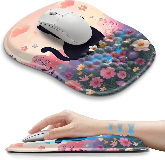 Hokafenle Ergonomic Wrist-Hugging Mouse Pad Wrist Support, U-Shaped Holding Wrist Rest Mousepad for Carpal Tunnel Pain Relief with Cushioned Memory Foam Slope Massage Bulge (10.2x8.3 in,Flower Cat)