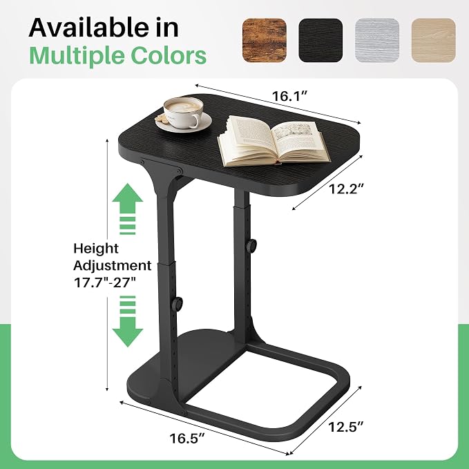 Kitstorack Height Adjustable End Table 2 Pack, Small Side Table for Couch, Sofa Table with Metal Frame for Living Room, Bedroom, Bedside C Shaped Table,Black