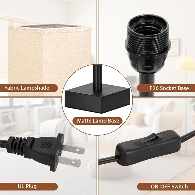 aooshine Small Bedside Table Lamp for Bedroom - Square Beige Fabric Shade | Inline Rocker Switch, Corded Electric, Bulb Not Included, 12.8" Mini Table Lamp for Nightstand, Desk, Dorm, Office