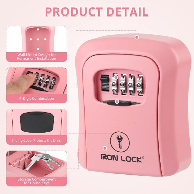 Iron Lock® Medium Wall Mount Combination Key Lock Box, Outdoor (Pink) | Screw-in wall mount (4 screws + 4 anchors) — not magnetic, does not hang; weather-resistant zinc alloy, includes key hanger
