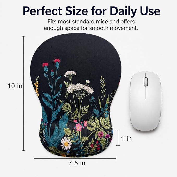 Mouse Pad with Wrist Rest Ergonomic Memory Foam Support, Non-Slip Rubber Base, Comfortable Typing Cushion for Home Office Computer Laptop, Flowers Grass