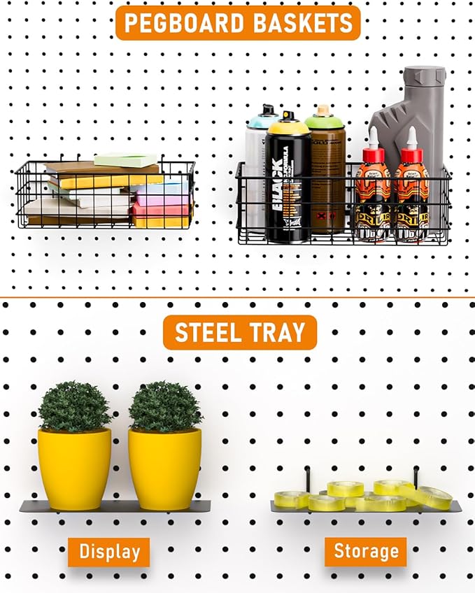 INCLY 30PCS Peg Board Organizer Accessories Kit with Bins, Cups & Baskets | Pegboard Hooks Assortment, Wire Baskets, Paper Towel Holder, 1/8" and 1/4" Pegboard, For Garage Workbench Craft Room