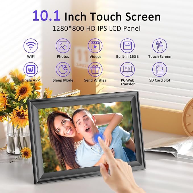 Digital Picture Frame, 10.1 Inch WiFi Photo Frame Electronic, IPS HD Display Touch Screen,16GB Storage, Wall Mountable, Auto-Rotate, Share Photos and Video via Uhale App