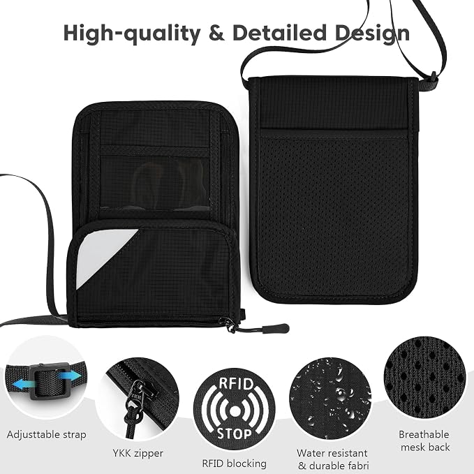 XIEEAOZEE Passport Holder, RFID Blocking Travel Wallet for Women & Men, Slim & Light Waterproof Neck Pouch, Hidden and Secure Passport Wallet (Black)