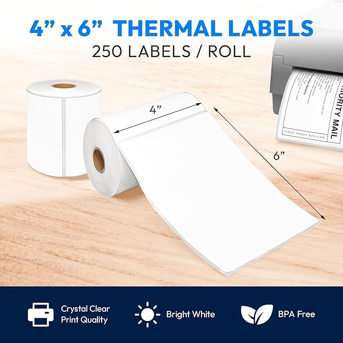 4x6 Direct Thermal Label, Barcode Address Mailing Name Shipping Labels, Perforated Thermal Stickers, Multipurpose, Commercial Grade for Thermal Printer, Strong Adhesive, 250/Roll, 4 Rolls