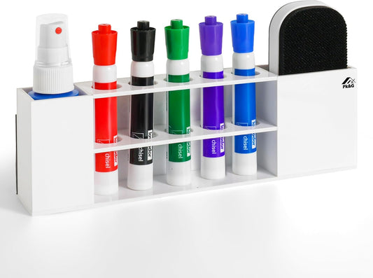 Slim Magnetic Dry Erase Marker Holder for Whiteboard, Space Saving Pen Organizer with Glass and Wall Mount Accessories for Fridge, Office, and School. (White)