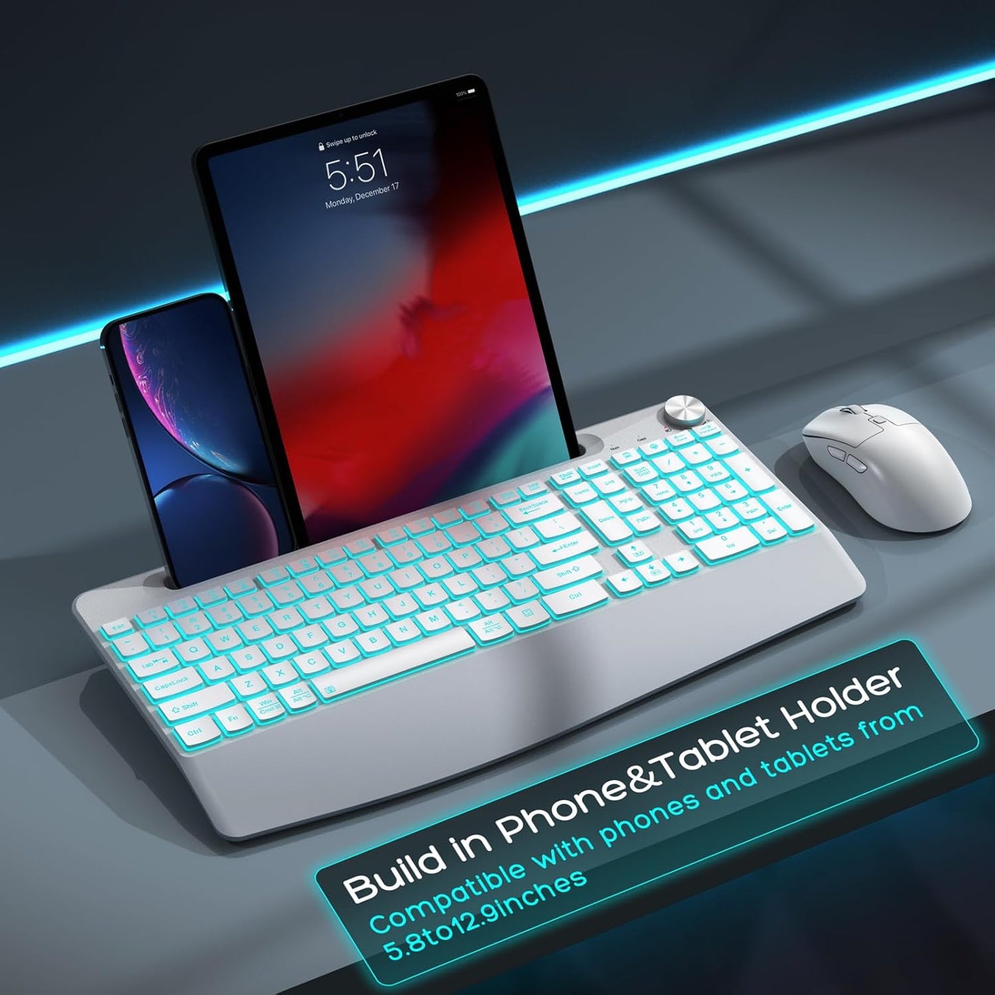 Wireless Keyboard and Mouse Backlits - Full-Sized Ergonomic Lighted Keyboard with Wrist Rest, Phone Holder,2.4GHz Rechargeable Silent Keyboard Mouse Combo for Computer, Laptop, PC, Mac -White