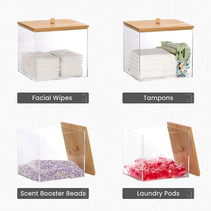 Puricon Acrylic Disposable Facial Towels Holder, Clear Storage Bin with Wood Lid Compatible with Clean Skin Club Towel (NOT Included), Face Towelettes Container for Bathroom Counter -Original