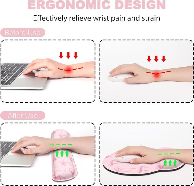 Ergonomic Mouse Pad with Wrist Rest and Keyboard Wrist Rest, Mousepad | Memory Foam Wrist Rest for Computer Keyboard, Pain Relief, Non-Slip Rubber Base, Mouse Pad Wrist Support for Gaming, Pink Bow