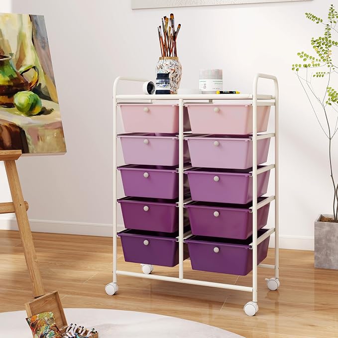 RELAX4LIFE 10-Drawer Rolling Storage Cart - Mobile Craft Art Supply Storage Organizer for Tool Scrapbook Paper Salon, Office School Classroom Teacher Rolling Cart with Drawers, Utility Cart on Wheels