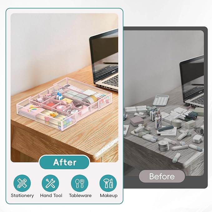 Expandable Desk Drawer Organizer Tray with 10 Adjustable Compartments, Metal Mesh Office Drawer Organizer, Versatile Desk Organizer for Home, School Supplies, Makeup Vanity & Jewelry (Pink)