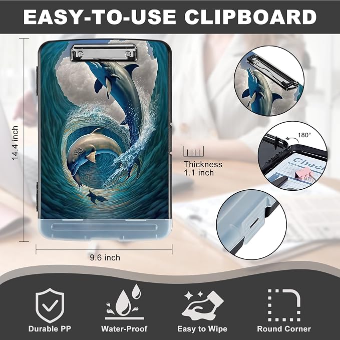 Clipboard with Storage,Heavy Duty Plastic Storage Clipboard with Low Profile Clip,Teacher Must Haves,Office Supplies,Dolphins Ocean