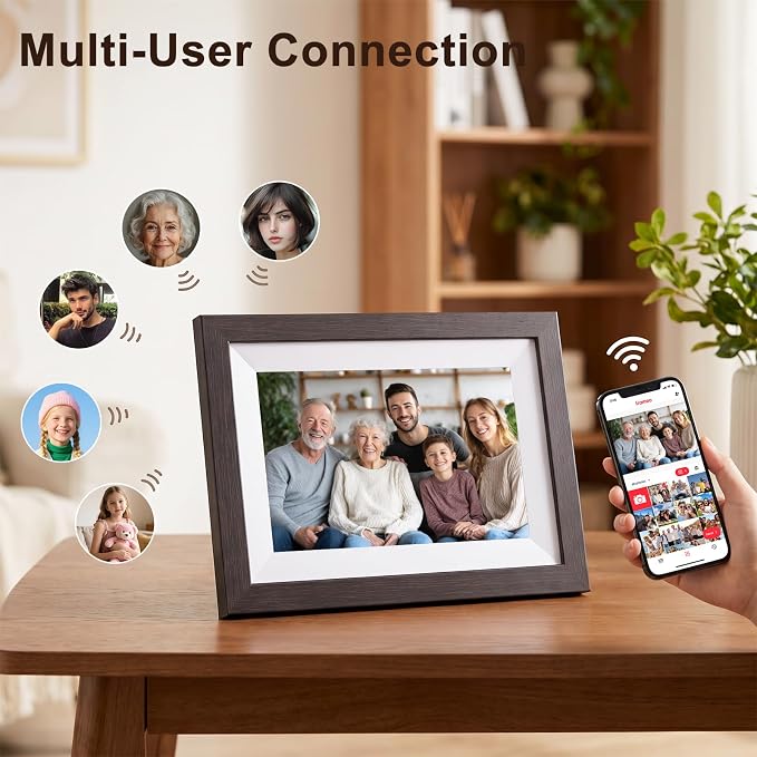 Digital Picture Frame, 10.1" Frameo Digital Frame WiFi with 1280x800 HD IPS Touch Screen, Auto-Rotate, Wall Mountable, Instant Share Photos & Videos from Phone via App, Brown Wood