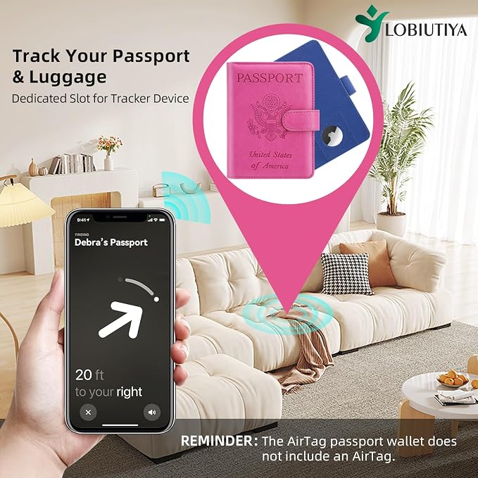 2 Pack Passport Holder For Travel with Slot for AirTag & Luggage Tag Cover – RFID Blocking Passport Holder for Travel Women/Men | PU Leather Passport Case with Pocket, Blue/Pink