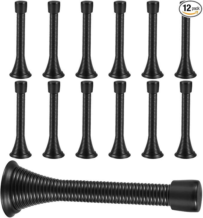 KISEER 12 Pack Spring Door Stops 3 1/4 Inch Flexible Heavy Duty Spring Door Stopper with RustProof Screw Rubber Bumper Tips (Black)