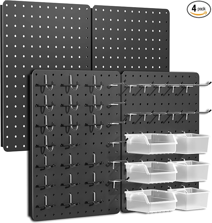 Steel Pegboard Tool Wall Organizer, 4 Pack 14.76 x 10.82 in, 6 Bins, Black | 6 clear storage bins organize screws and small parts; 36 hooks and 30 peg locks keep garage tools sorted and easy to reach.