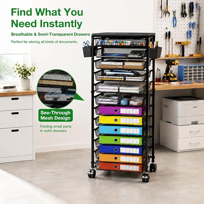 Ekisemio 11-Tier Rolling File Cart, Mobile Desk-Side Organizer with Top Shelf and Side Baskets, Wire Storage Rack for Letter Folders, Home Office & School, Black