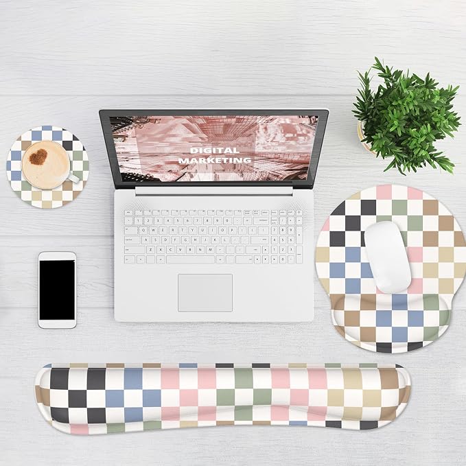 Ergonomic Mouse Pad with Wrist Rest and Keyboard Wrist Rest, Mousepad | Memory Foam Wrist Rest for Computer Keyboard, Non-Slip Rubber Base, Mouse Pad Wrist Support for Gaming, Colorful Checkered