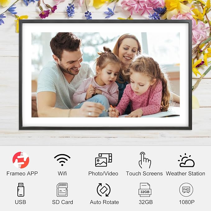 Frameo 15.6 Inch Large Digital Photo Frame, Digital Picture Frame WiFi with 32GB, 1920 * 1080 IPS HD Touch Screen, Electronic Picture Frame IPS Touch Screen， Auto-Rotate, Gifts for Mom, House Warming