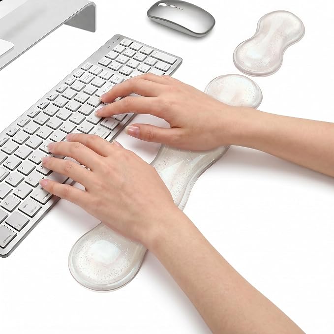 Wrist Rest for Keyboard and Mouse, Ergonomic Mouse Hand Rest Set, Cute Glitter Cloud Keyboard Pad with Wrist Support, Gel Desk Decor Accessories for Office Gaming School (Transparent)