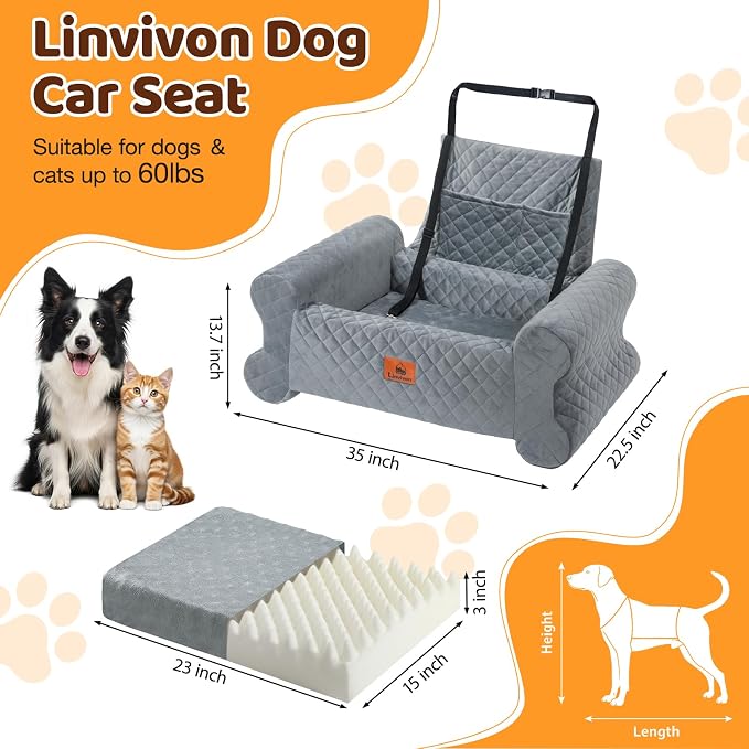 Dog Car Seat for Medium/Large Dogs up to 60 lbs, Pet Car Seat for Back, Memory Foam Dog Booster Seat with Thick Cushion, Detachable Washable Cover, Storage Pockets for SUV, Pick Up, Trunk, Grey