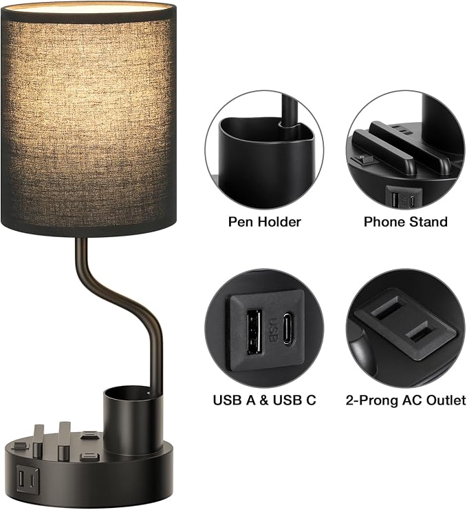 Bedside Lamps for Bedroom Set of 2 - Table Desk Lamp for Nightstand | 15" Table Lamp for Living Room with Pen Holder & Phone Stand, USB A+C Port, AC Outlet, 3 Color Temperature, LED Bulb Included