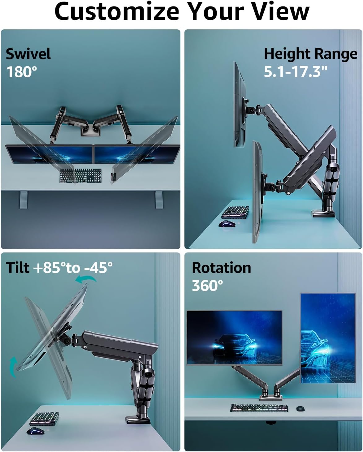 Dual Monitor Desk Mount, 13-32 inch Adjustable Gas Spring Monitor Arm, Computer Display Stand Holder with Clamp and Grommet Base, Fits 4.4 to 22lbs Screens, VESA Mount Bracket, Black, Freelift Pro