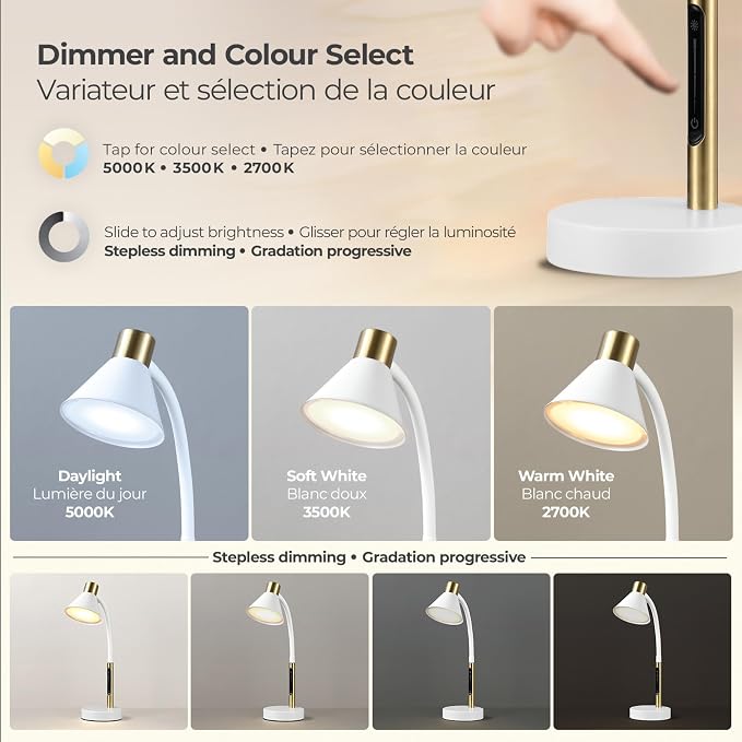 Globe Electric 15" LED Integrated Matte White Desk Lamp with Matte Brass Accent and Adjustable Silicone Gooseneck