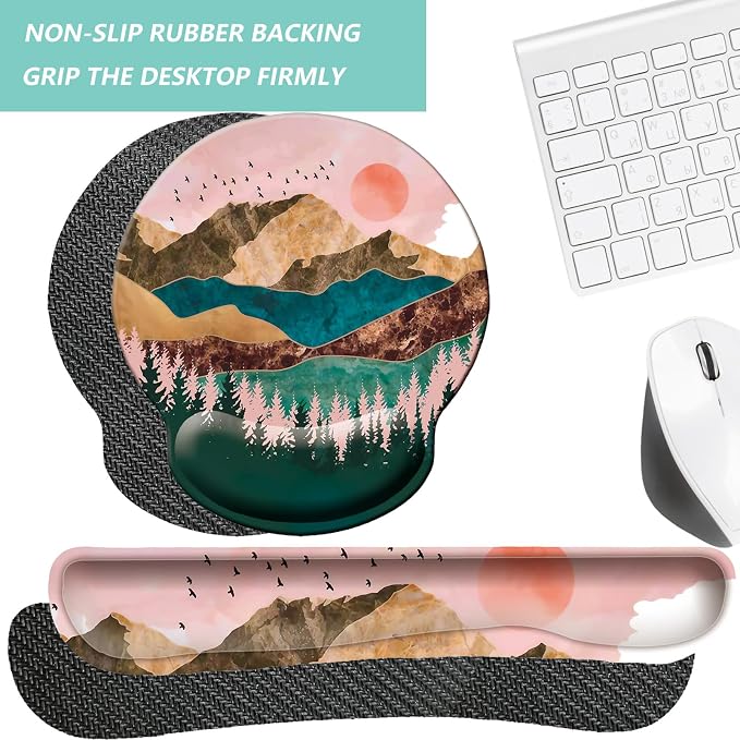 Keyboard Wrist Rest Pad Mouse Pad with Wrist Support Set of 3, Mousepad with Non-Slip Rubber Base, Ergonomic Memory Foam Mouse Wrist Cushion Support for Home Office Laptop Computer Gaming, Sunrise