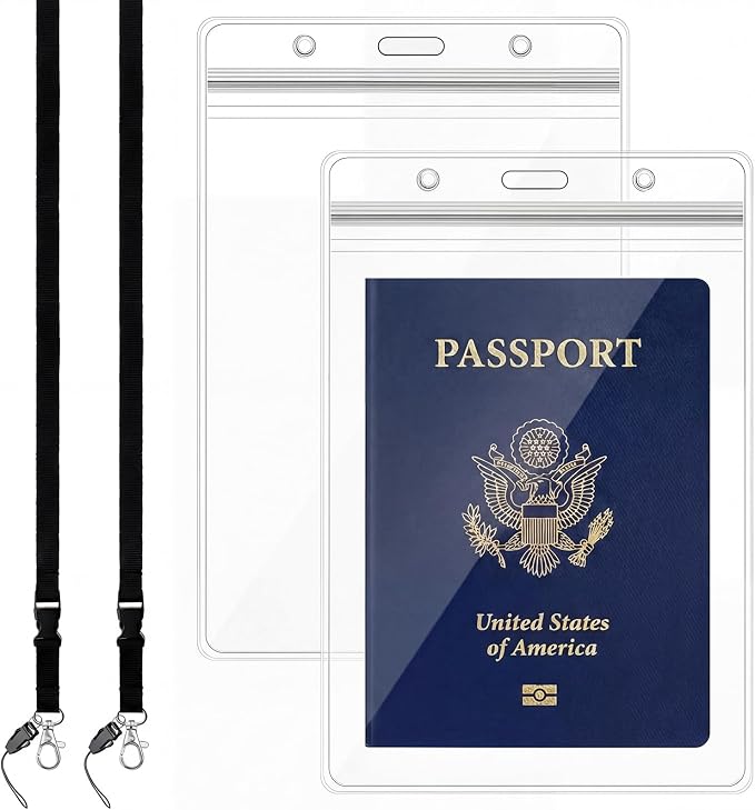 Waterproof Passport Holder Pouch Ticket Holder Travel Wallet with Resealable Pockets Adjustable Lanyard for Men Women