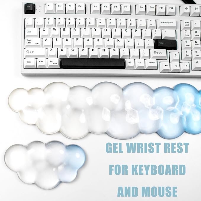 Ergonomic Gel Cloud Keyboard and Mouse Wrist Rest Set – Clear Wrist Rest for Computer Keyboard 60%/68%/75%, Comfort & Support for Typing and Gaming (White Blue)