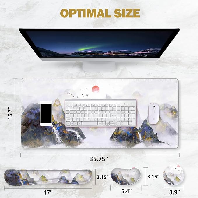 ToLuLu Extended Gaming Mouse Pad, Memory Foam Ergonomic Keyboard Mouse Wrist Rest Support Set, Large Desk Mat with Stitched Edges, Non-Slip Base Mousepad for Home Office Game Study, Ink Mountain
