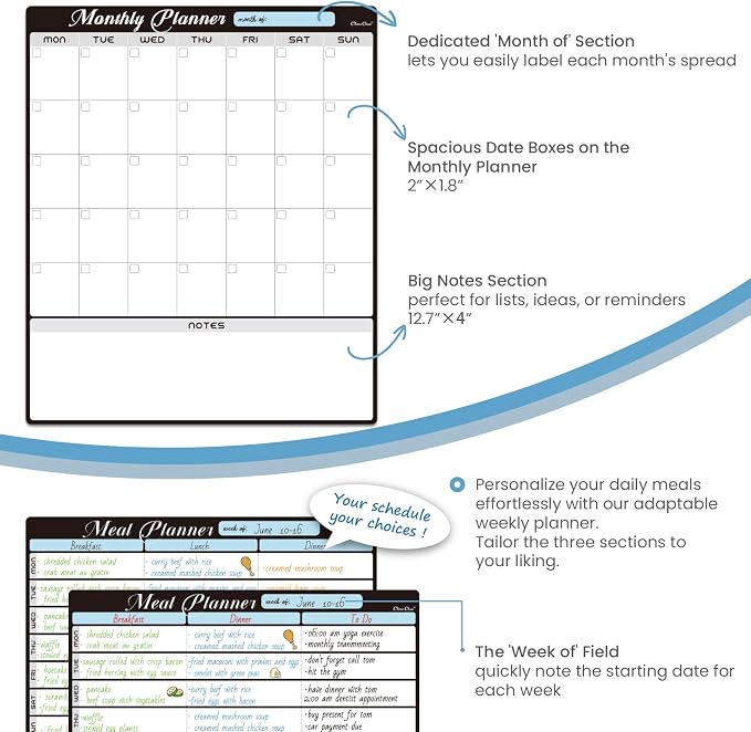 Magnetic Dry Erase Monthly Calendar Set - 15.5"x13" Monthly Calendar and 8.5"x13" Menu Board for Fridge - 6 Extra Fine Point Markers Included - Shipped Flat