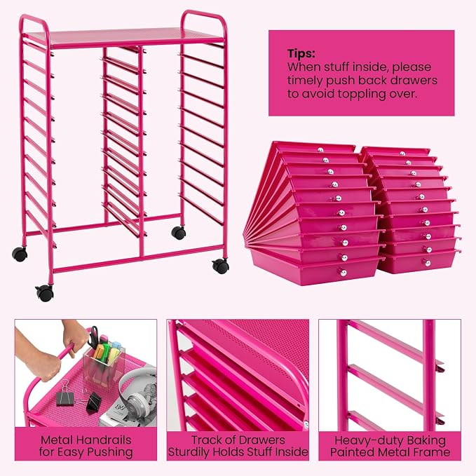 COSTWAY 20-Drawer Rolling Storage Cart, Utility Storage Organizer Cart | For Tools, Scrapbook, Paper, Craft, Multipurpose Storage Trolley on Wheels for Home Office School (Hot Pink)