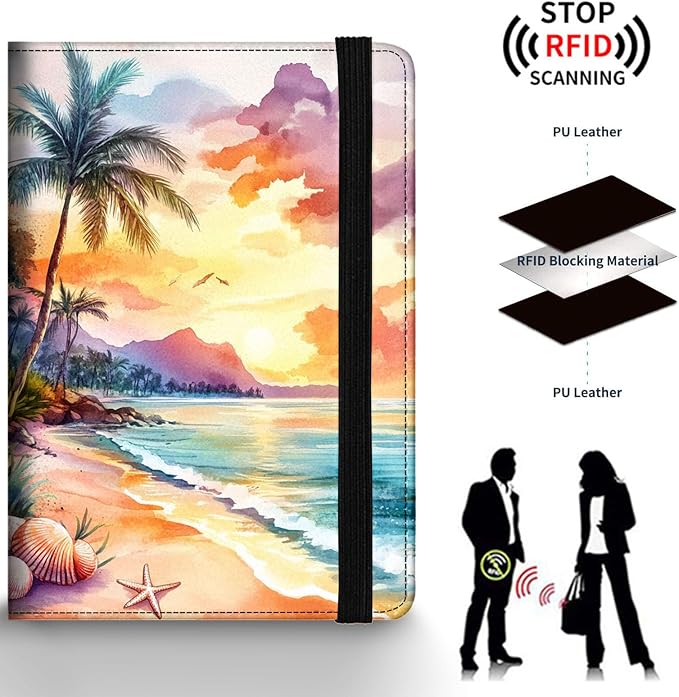 Passport Holder Wallet Cover Case,RFID Blocking Passport Cover,Large Capacity Travel Wallet with Multi Card Slots (Sunset Beach)