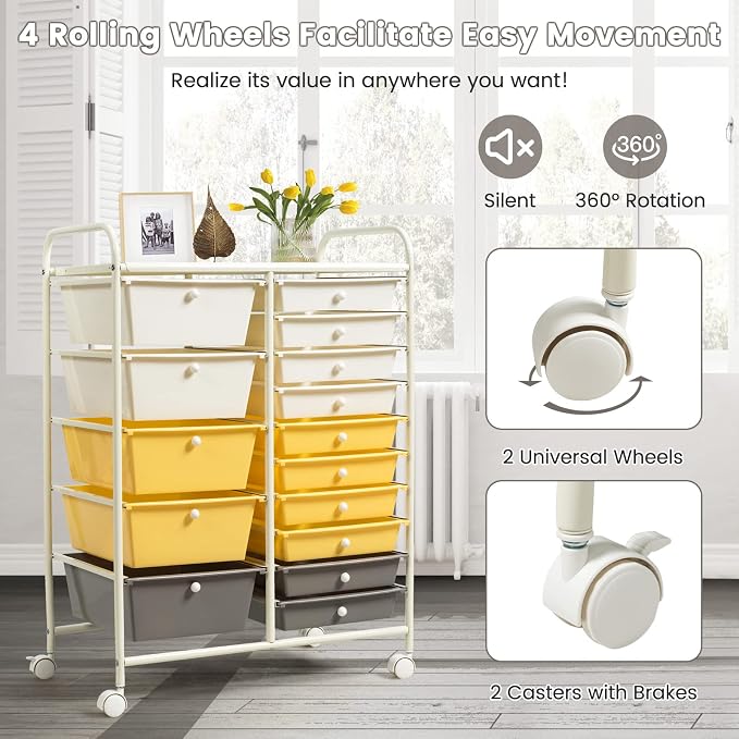 COSTWAY 15 Drawer Rolling Storage Cart, Mobile Storage Organizer | Removable Drawers & Metal Frame, Multipurpose Utility Tools Paper Organizer on Wheels for Home, Office (Yellow, Beige & Grey)