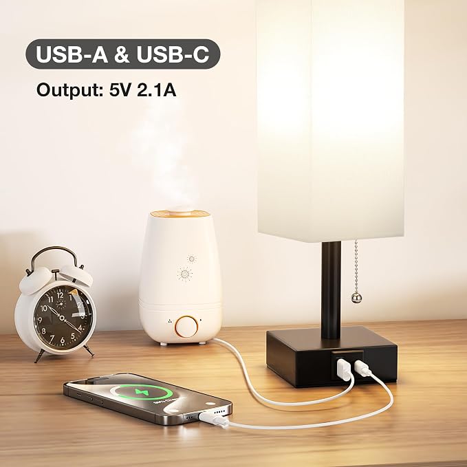 White Small Table Lamp for Bedroom - 3 Color Temperature 3000K 5000K 4000K Bedside Lamp, Pull Chain Control, USB A and C Charging Ports, Black Base, for Kids Office Dorm Nightstand, Bulb Included | Pull Chain Lamp, 3 Color Modes(3000K/4000K/5000K), E26...
