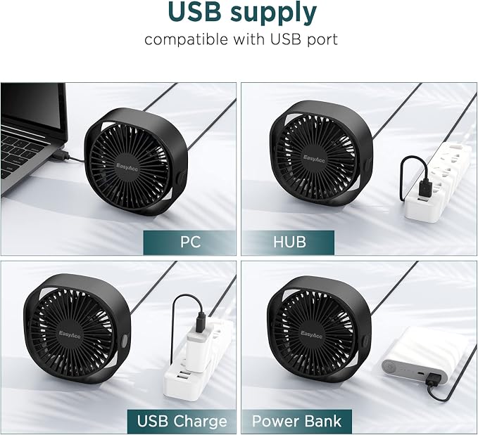 EasyAcc USB Small Desk Fan, Slumber Pod Fan [360°Rotatable Head &Powerful ] 3 Speeds Portable Personal Table Travel Fan for Sleeping Desk Cruise Ship Dorm Bedroom Office Office (No Battery)