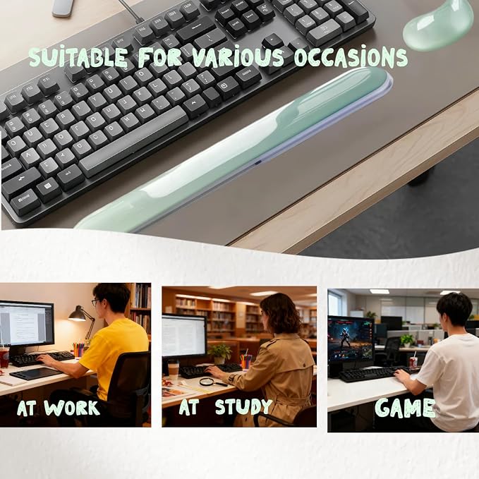 Gel Wrist Rest for Keyboard,Office & Gaming,Green Silicone 2-Piece Set | Clear green silicone gel, office/gaming,60%/68%/75% keyboards,mouse rest,cooling,non-slip, easy cleanErgonomically designed