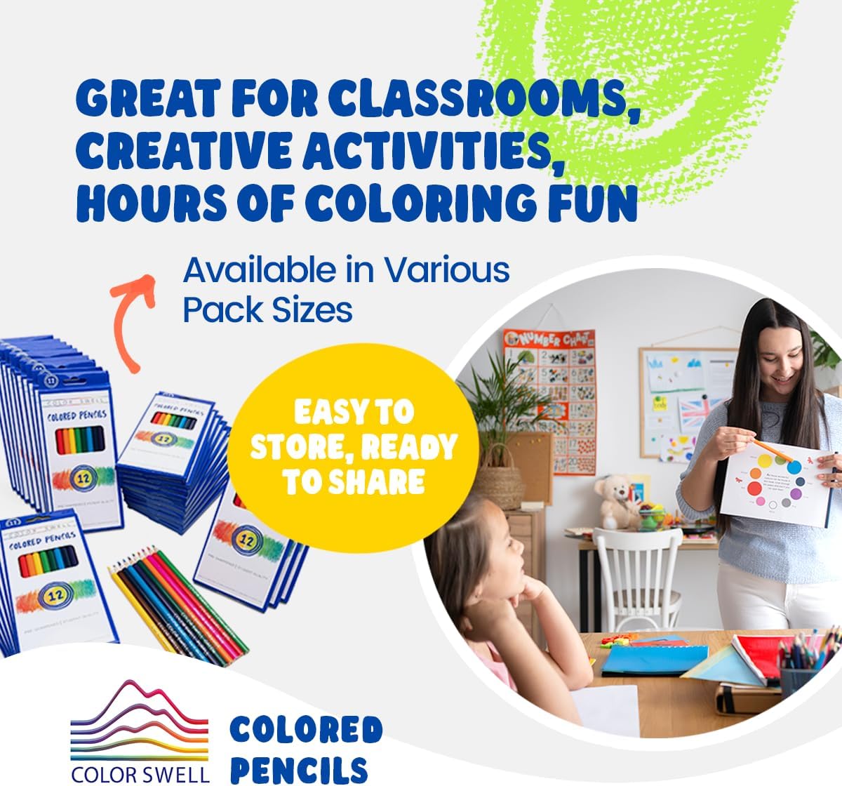 Color Swell Colored Pencil Pack 12 Count Assorted Vibrant Pre-Sharpened Colors Perfect for Kids, Teachers, Classrooms, and All Ages