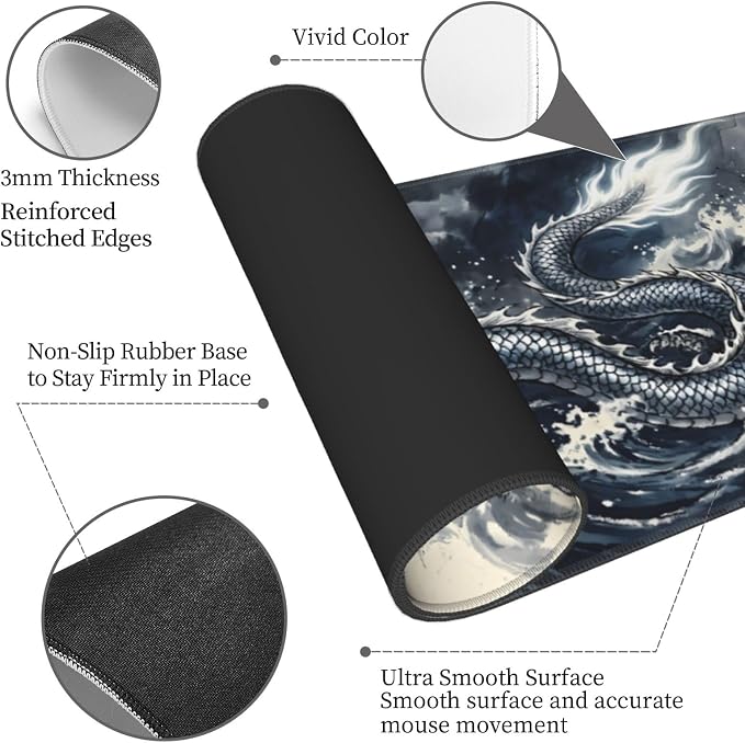 Dragon Wave Gaming Mouse Pad Large Extended Desk Mat Non-Slip Rubber Base Keyboard Pad with Stitched Edges for Office Gaming 31.5x11.8 in