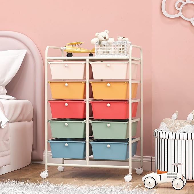 COSTWAY 10 Drawer Rolling Storage Cart, Utility Cart with Lockable Wheels | Mobile Art Supply Craft Organizer with Metal Frame, Multipurpose Drawer Cart for Paper for Office, School, Macaron